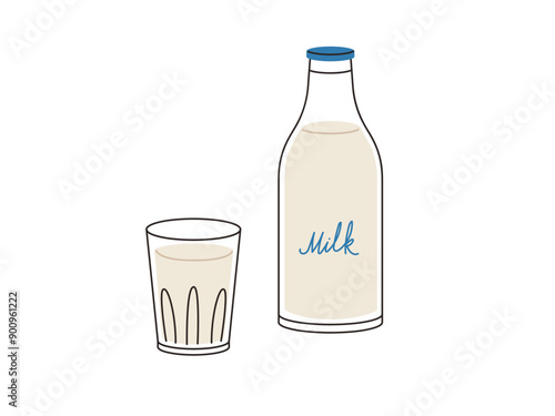 A glass and bottle of milk of milk. hand drawn style