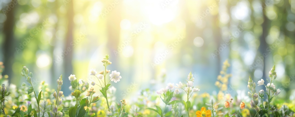 Obraz premium Sunlit forest glade with diverse plant species and colorful blooms, florals and botanicals, fresh and natural atmosphere