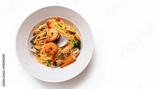 A delicious seafood pasta dish with shrimp, clams, and vegetables served in a white bowl on a white background.