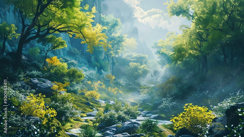 Obraz premium A lush green forest with a path running through it