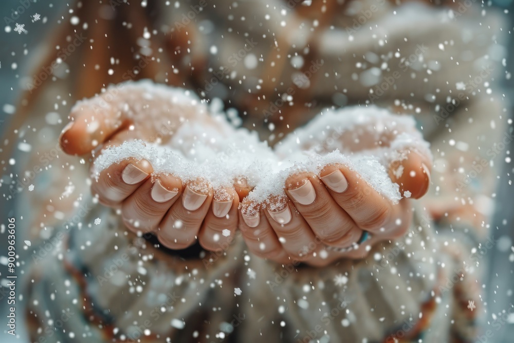 Woman Holding Snow in Hands During Winter Snowfall - Serene Winter Season Concept Woman Holding Snow in Hands During Winter Snowfall - Serene Winter Season Concept