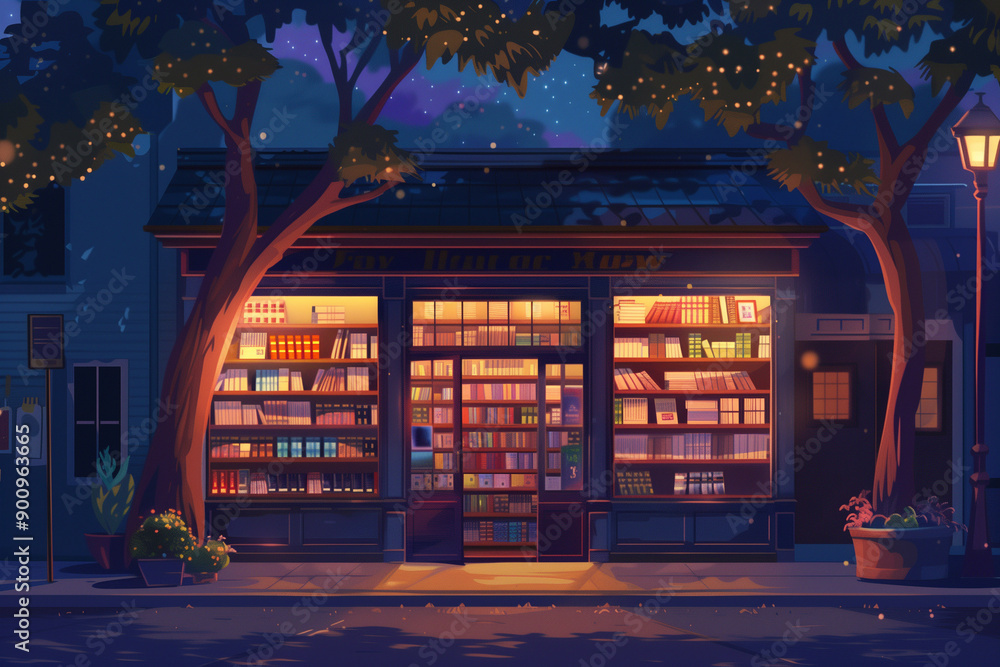 Nighttime Bookstore with glowing lights Nighttime Bookstore with glowing lights