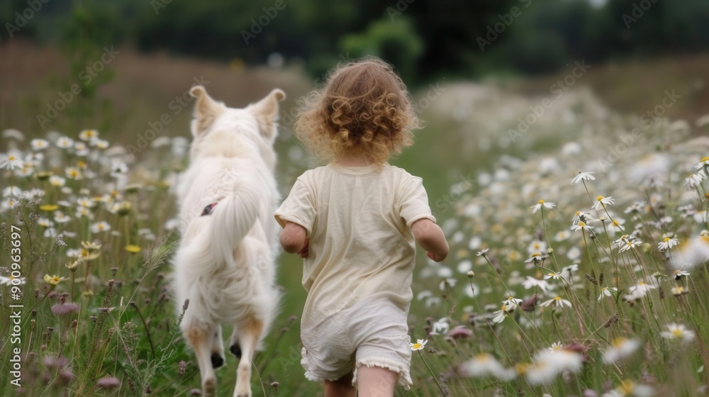 A child and their dog running through a field of wildflowers A child and their dog running through a field of wildflowers