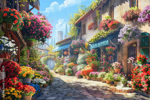 Colorful Flower Market in a Sunny European Town © imadi