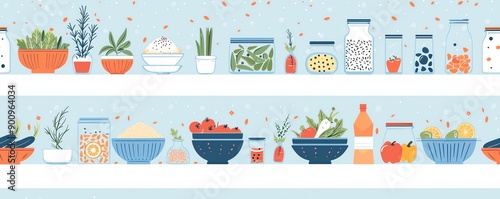 Veggie and grain dishes, wholesome meal prep, flat design illustration