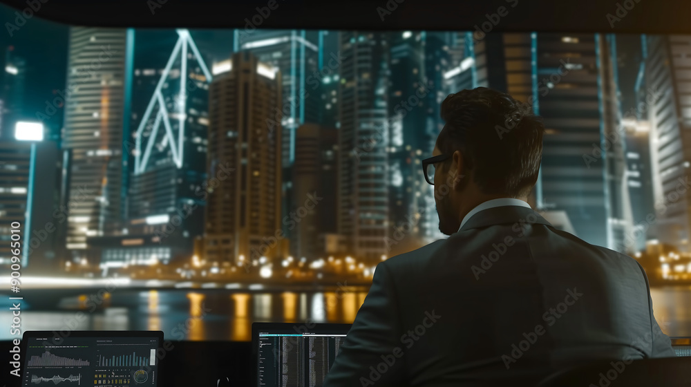 Fototapeta premium man business in a suit works at a desk with multiple screens overlooking a cityscape at night with illuminated skyscrapers