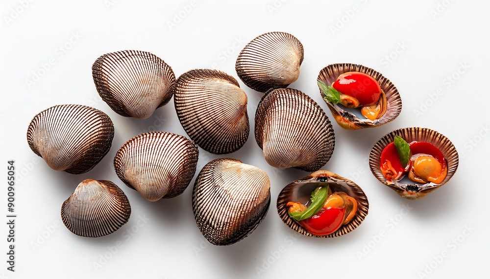 Top view of fresh cockles on a white background, with some open showing vibrant tomatoes and green herbs, highlighting seafood cuisine. Top view of fresh cockles on a white background, with some open showing vibrant tomatoes and green herbs, highlighting seafood cuisine.