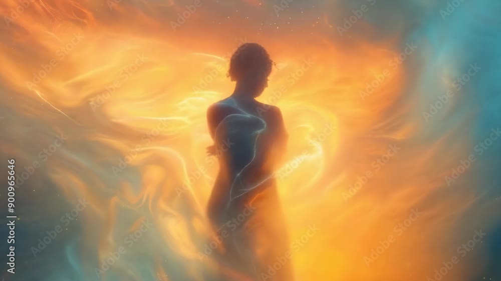 A young man stands surrounded by ethereal light and colorful smoke, creating a surreal atmosphere. His contemplative pose and the blend of orange and blue hues give a mystical mood. A young man stands surrounded by ethereal light and colorful smoke, creating a surreal atmosphere. His contemplative pose and the blend of orange and blue hues give a mystical mood.