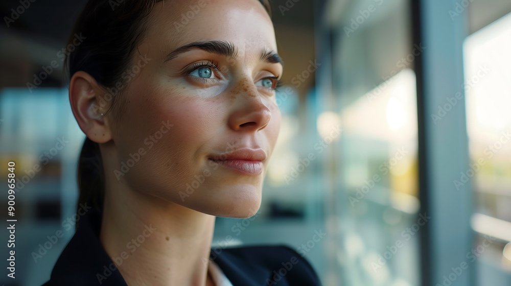 business woman with clear blue eyes and freckles looks out of a window with a soft smile exuding calm confidence in a modern office background business woman with clear blue eyes and freckles looks out of a window with a soft smile exuding calm confidence in a modern office background
