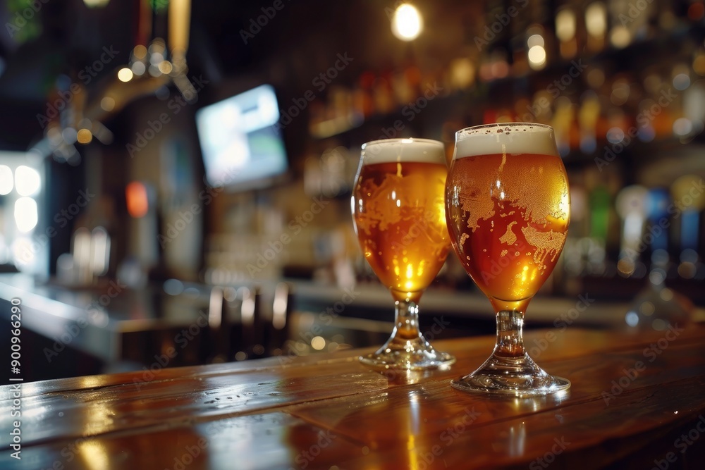 Cold glasses of beer in a bar. copy space - generative ai Cold glasses of beer in a bar. copy space - generative ai