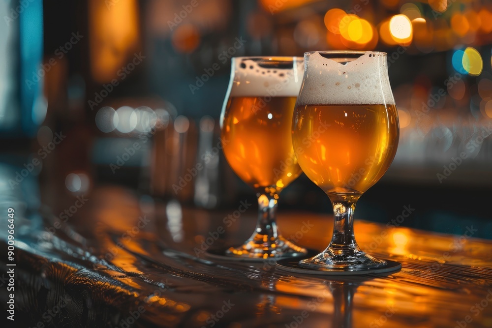 Cold glasses of beer in a bar. copy space - generative ai Cold glasses of beer in a bar. copy space - generative ai