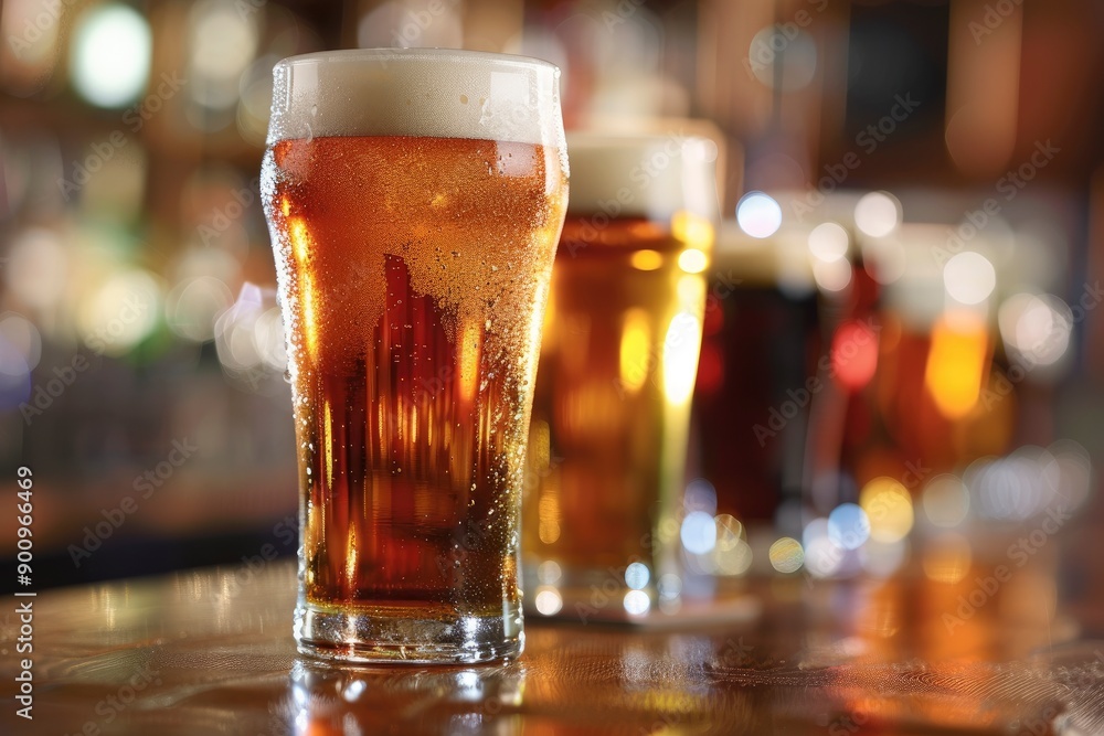 Cold glasses of beer in a bar. copy space - generative ai Cold glasses of beer in a bar. copy space - generative ai