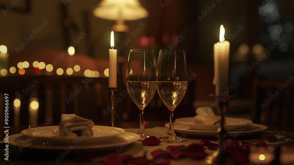 Fototapeta premium Two glasses of wine and plates of food on a table