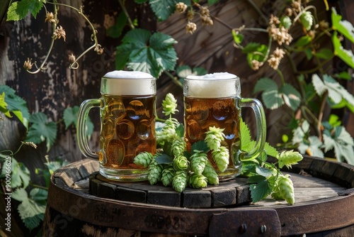 Cold mugs of beer, wheat ears and green hops on a wooden barrel - generative ai