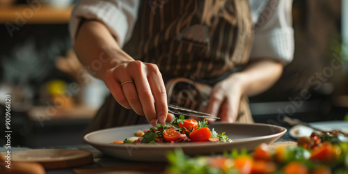 A chef carefully plating a gourmet salad with fresh ingredients, showcasing culinary art and passion for food.