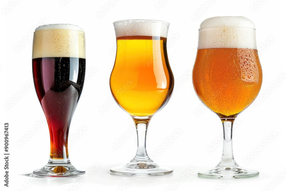 Collection of three different glasses of beer on white background. Clipping paths - generative ai Collection of three different glasses of beer on white background. Clipping paths - generative ai