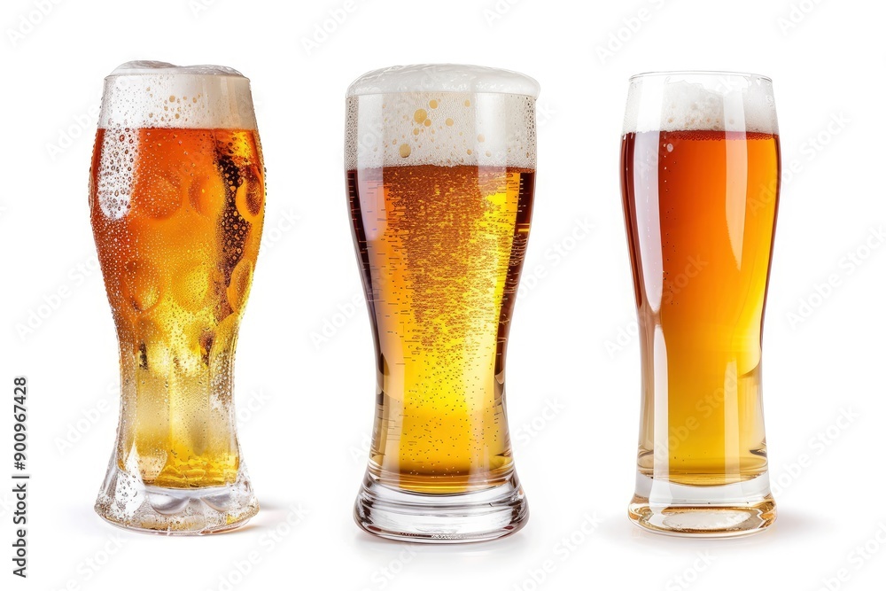 Collection of three different glasses of beer on white background. Clipping paths - generative ai Collection of three different glasses of beer on white background. Clipping paths - generative ai