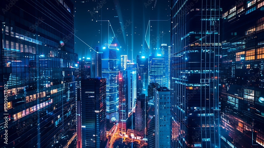 Naklejka premium Cyberpunk Cityscape: A Futuristic City Illuminated by Neon Lights