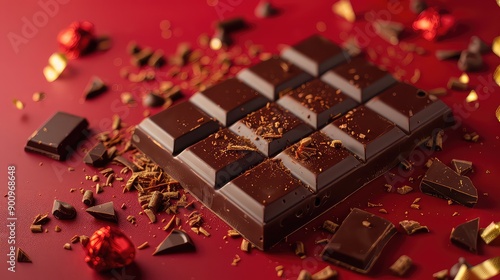 Dark chocolate bar with crumbs on red background generated with AI