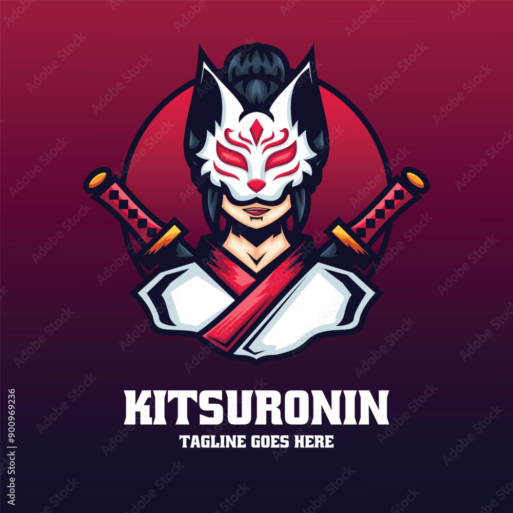Vector Logo Illustration Kitsune Ronin E- Sport and Sport Style. Vector Logo Illustration Kitsune Ronin E- Sport and Sport Style.