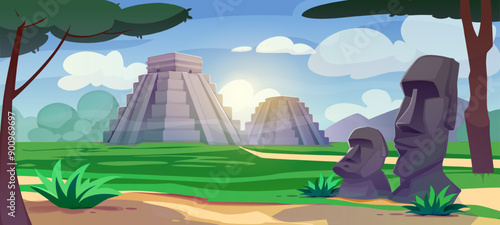 Landscape of Easter Island. Banner with Ancient mayan pyramids and stone moai statues. Scenery with sculptures of South America and Kukulkan temples. Travel and tourism. Cartoon vector illustration