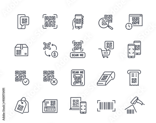 Set of QR Code Line icons. Signs with scanning qr code for payment, barcode on parcel or receipt. Editable stroke. Outline vector illustration collection isolated on white background