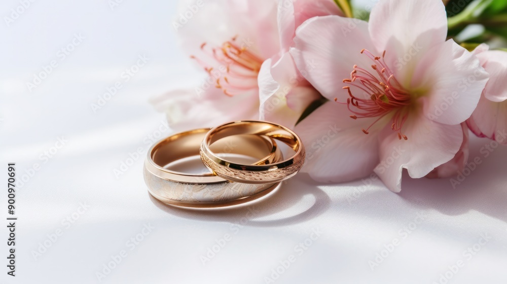 A minimalist design with a white background and a cluster of soft pink flowers, complemented by the placement of two gleaming golden wedding rings, capturing a sense of purity and affection A minimalist design with a white background and a cluster of soft pink flowers, complemented by the placement of two gleaming golden wedding rings, capturing a sense of purity and affection