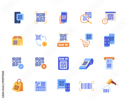 Set of QR Code icons. Colorful symbols with qr code on smartphone screen, scanning barcode on receipt for contactless payment. Flat vector illustration collection isolated on white background