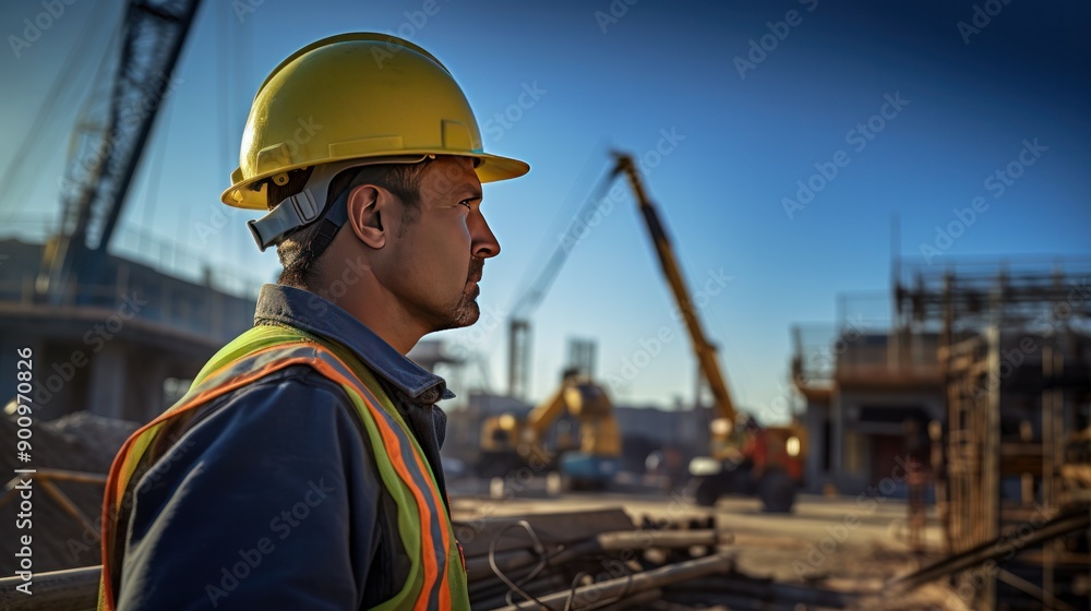 Close-up of an engineer wearing a blue shirt and a safety vest, holding a yellow hard hat in one hand while standing on a construction site Close-up of an engineer wearing a blue shirt and a safety vest, holding a yellow hard hat in one hand while standing on a construction site