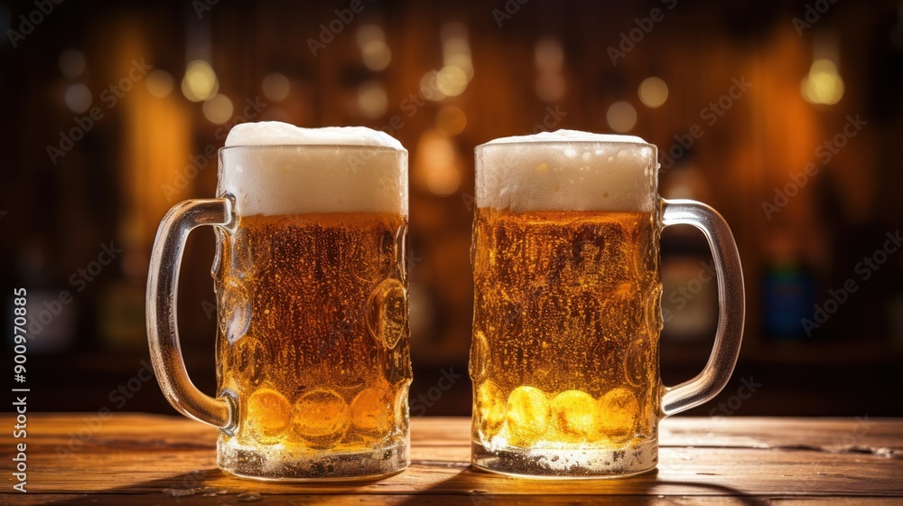 Close-up of a beer glass being filled with a rich amber liquid from a pitcher, with foam forming on top and reflections of the bar's ambient lighting on the glass surface Close-up of a beer glass being filled with a rich amber liquid from a pitcher, with foam forming on top and reflections of the bar's ambient lighting on the glass surface