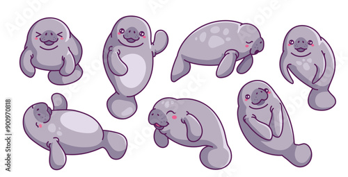 Set of cute manatees stickers. Adorable badges with smiling fur seals. Icons with ocean animals. Aquatic beasts ocean inhabitants. Cartoon vector illustration collection isolated on white background