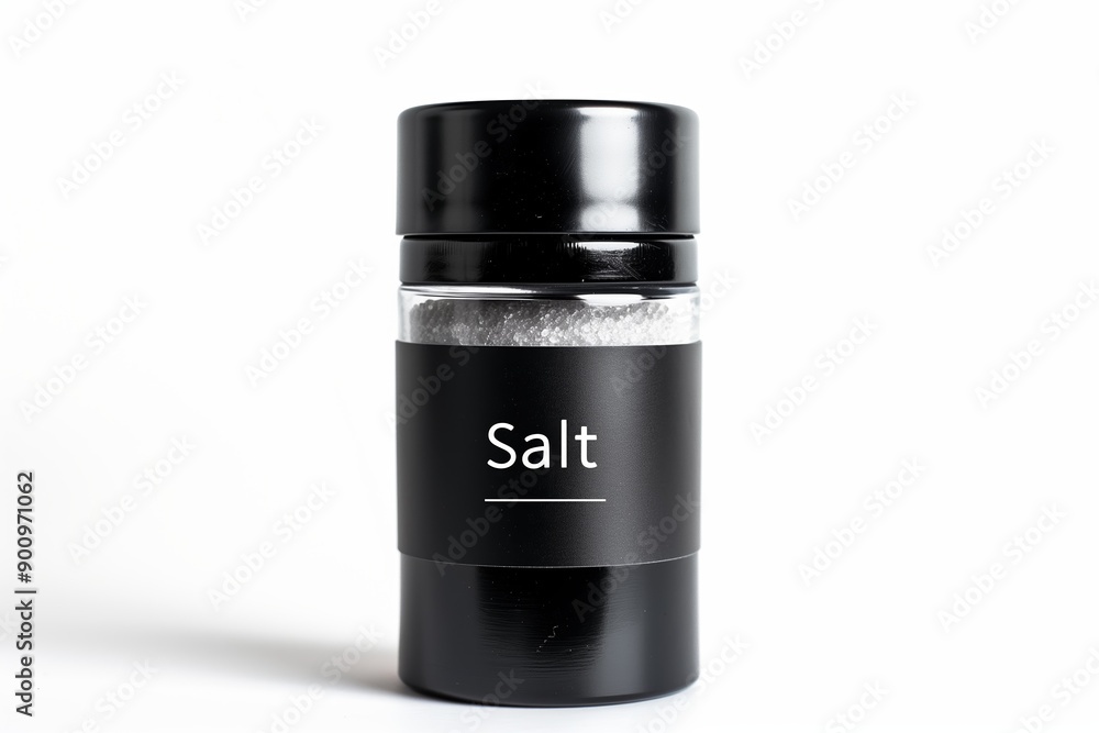 Isolated Black Glass Salt Container with Label on Blank White Generative Illustration Isolated Black Glass Salt Container with Label on Blank White Generative Illustration
