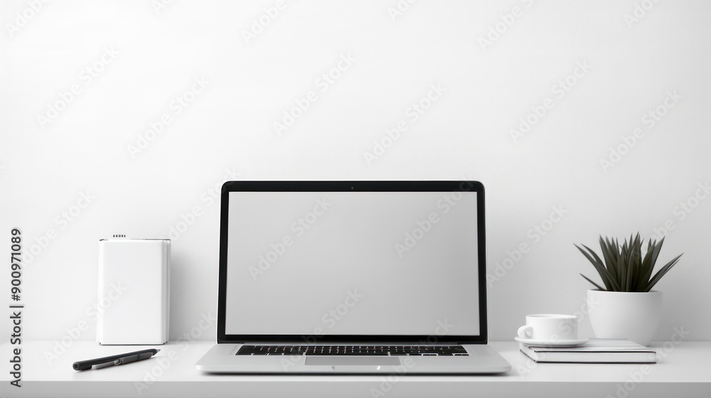 Front view of a laptop on a white desk in a stylish, modern office. Beside the laptop, there is a small stack of document papers and a sleek pencil holder holding several pens and pencils. Front view of a laptop on a white desk in a stylish, modern office. Beside the laptop, there is a small stack of document papers and a sleek pencil holder holding several pens and pencils.