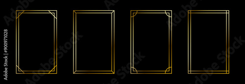 Thin golden frame set. Gold rectangle border collection in art deco style. Thin linear shining rectangular shape bundle. Brass glowing shiny boarder element pack for photo, cadre, poster, card. Vector