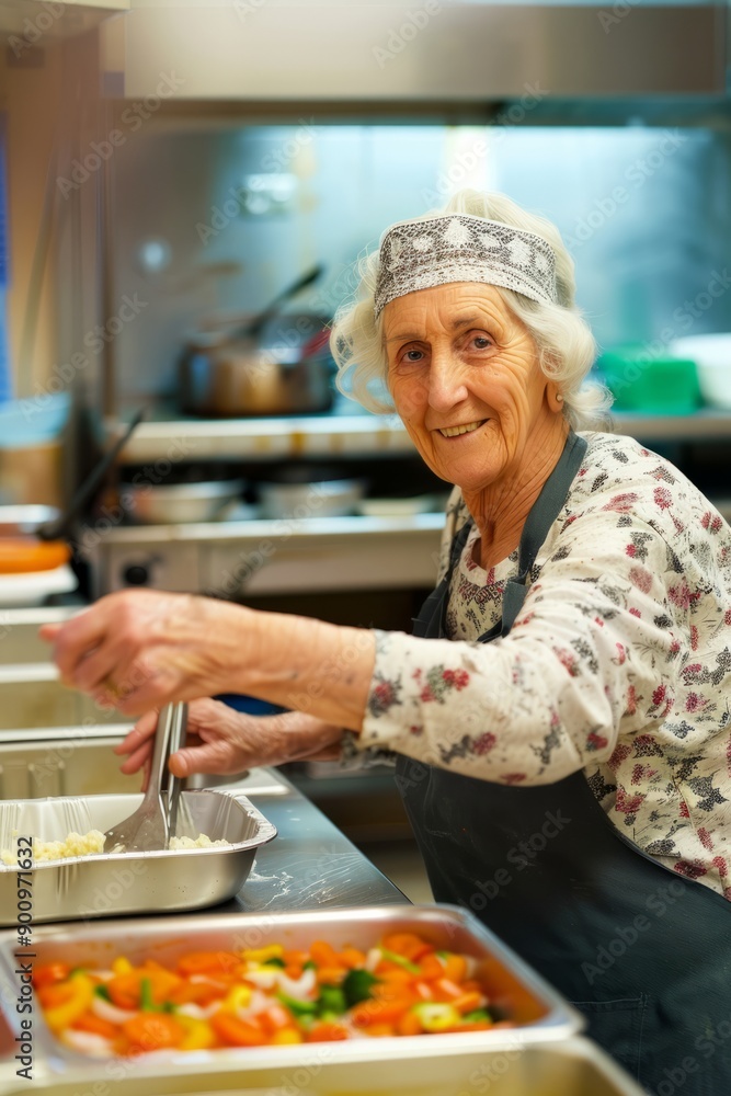 Portrait of a retirement home volunteer preparing meals, Generative AI Portrait of a retirement home volunteer preparing meals, Generative AI