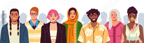 Diverse multicultural people group. Banner with crowd of characters of different races, generations and genders. Multiracial men and women. Flat vector illustration isolated on white background