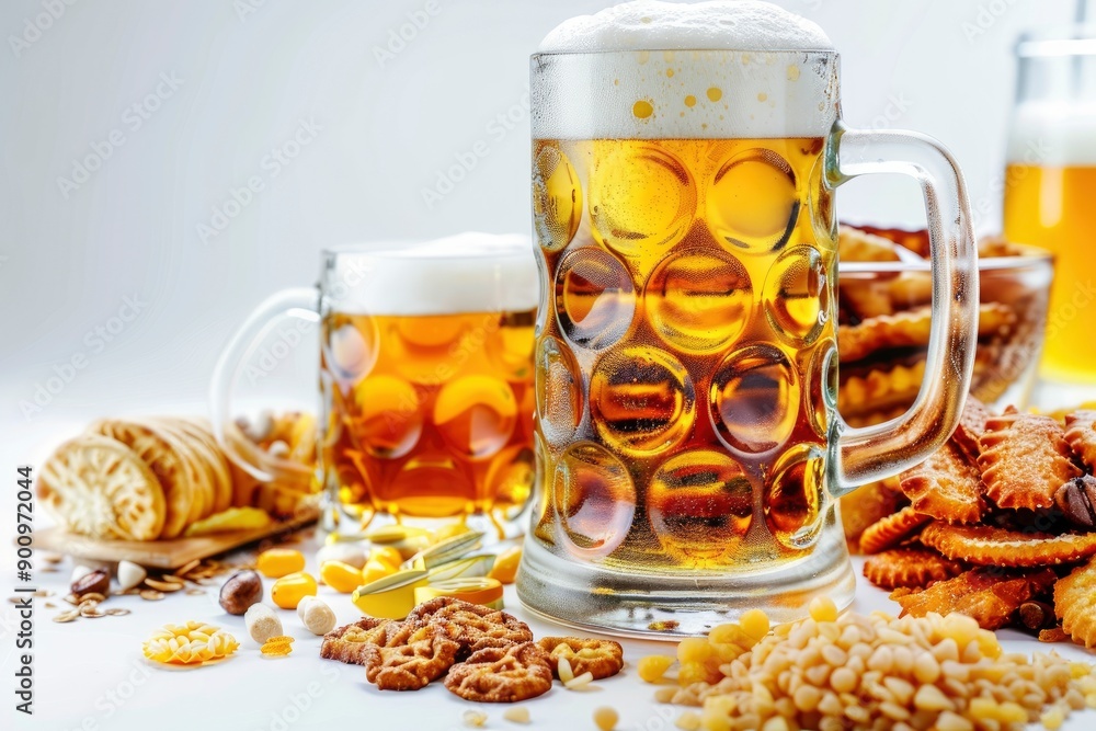 Glass of cold beer and different snacks on white background. Oktoberfest celebration, copy space - generative ai Glass of cold beer and different snacks on white background. Oktoberfest celebration, copy space - generative ai