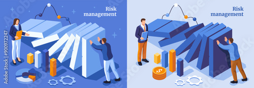Effective risk management. Man and woman entrepreneurs stopping domino effect. Financial analysis and monitoring for business growth and bankruptcy prevention. Isometric 3D vector illustration set