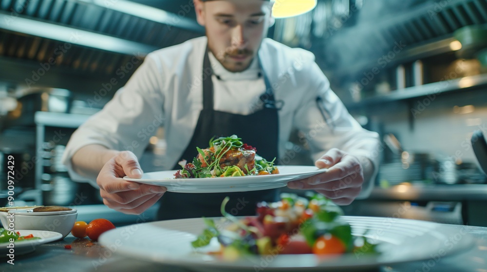 Culinary Artistry: A focused chef meticulously plates a vibrant salad in a professional kitchen, showcasing the dedication and precision of fine dining. Culinary Artistry: A focused chef meticulously plates a vibrant salad in a professional kitchen, showcasing the dedication and precision of fine dining.