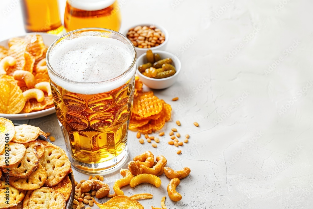 Glass of cold beer and different snacks on white background. Oktoberfest celebration, copy space - generative ai Glass of cold beer and different snacks on white background. Oktoberfest celebration, copy space - generative ai