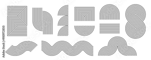 Black linear boho style geometric shape set. Mid century curves, waves and arches collection. Decorative line elements for graphic design template, poster, banner, cover. Vector wavy zigzag objects