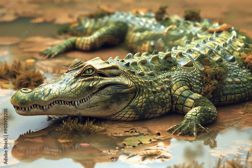 Obraz premium A crocodile with a swamp landscape in its skin.