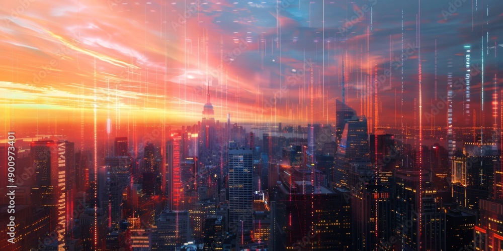 Fototapeta premium Digital Network Skyline with Futuristic Cityscape at Sunset, generative ai
