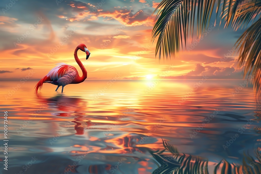 Fototapeta premium A single flamingo standing in shallow water at sunset with a palm tree in the background