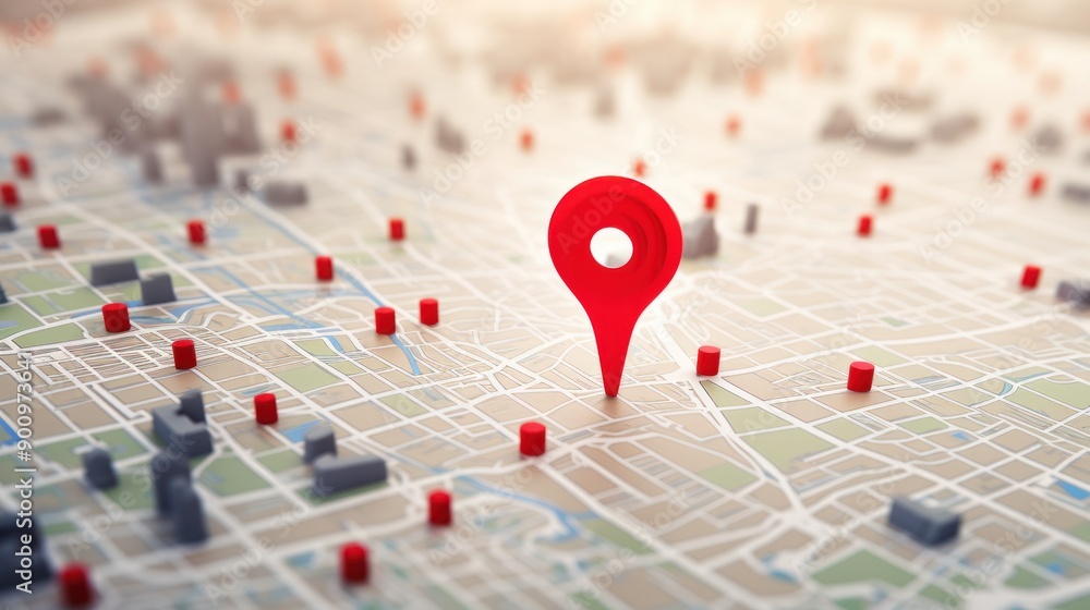 A high-resolution image showing a red map pin pointer symbol on a 