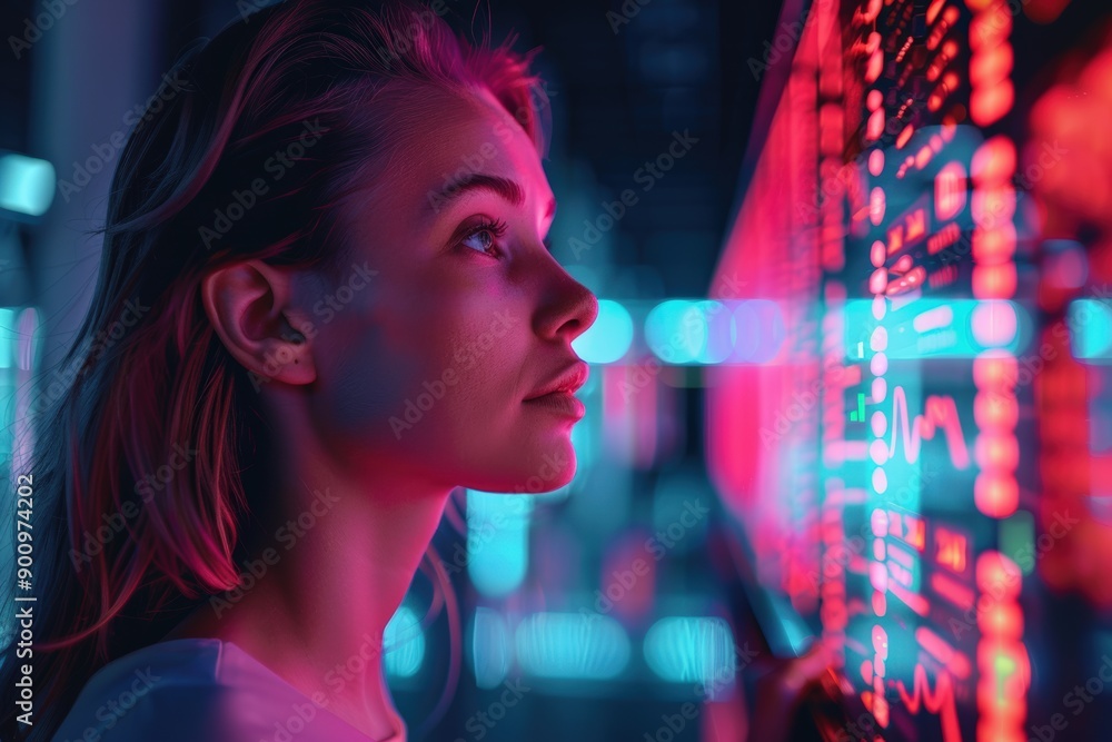 A woman observes vivid data visualizations in a high-tech environment, illuminated by colorful lights and glowing screens. A woman observes vivid data visualizations in a high-tech environment, illuminated by colorful lights and glowing screens.