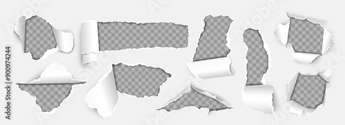 Ripped paper set. Transparent holes from torn paper. Frames with rough edges. Textured design elements with copy space for advertising. Realistic 3D vector illustration isolated on background