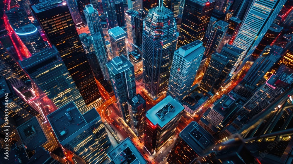 Aerial view of a big city with beautifully illuminated skyscrapers at night