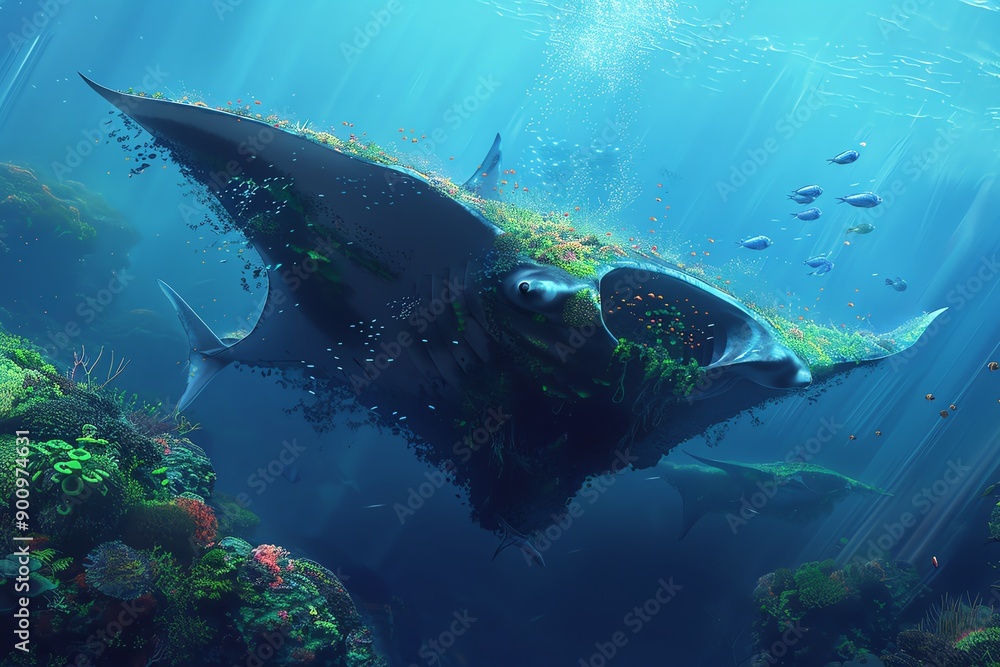 Fototapeta premium A manta ray with a mossy surface swims over a vibrant coral reef.