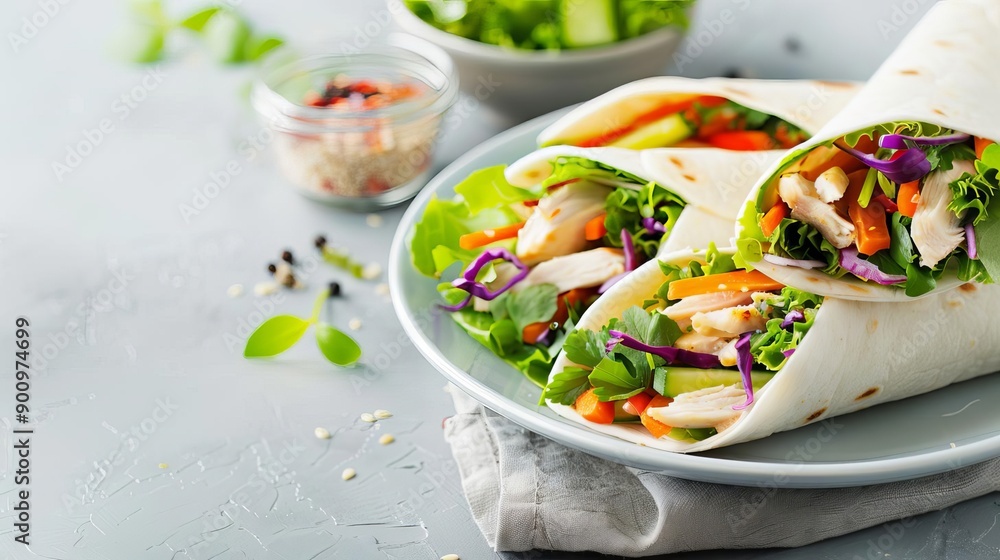 Healthy homemade chicken wraps with veggies, colorful and tasty, lunch setting, kids meal, balanced and enjoyable Healthy homemade chicken wraps with veggies, colorful and tasty, lunch setting, kids meal, balanced and enjoyable